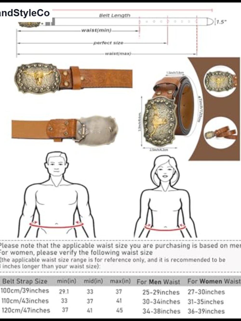 Western Cowboy Belt PU Leather Floral Longhorn Buckle Waist 25-38 - Picture 2 of 6